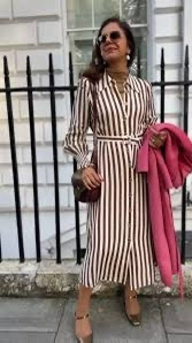 L. K. Bennett White Brown Stripe Button Down Collared Belted Waist Emelia Dress